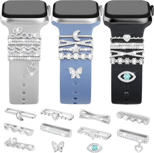 JR.DM 11-Pcs Super Bling Watch Charms with 9-Pcs Decorative Rings, Compatible with Apple Watch Band Accessories
