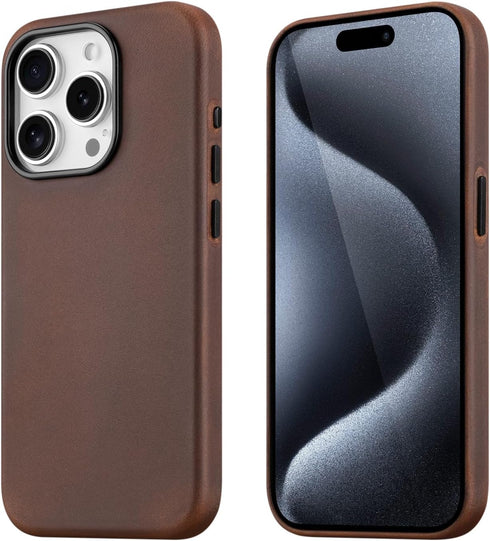 maogoam Genuine Crazy Horse Leather Case for iPhone 15 Pro Max, Dark Brown, Indiana-Jones Style, Compatible with MagSafe