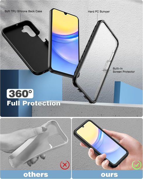 FNTCASE for Samsung Galaxy A15-5G Case: Phone Case with Built-in Screen Protector Protective Silicone Cell Phone Cover Rugged Shockproof Full Protection Slim Dual Layer Case for Men & Women Black