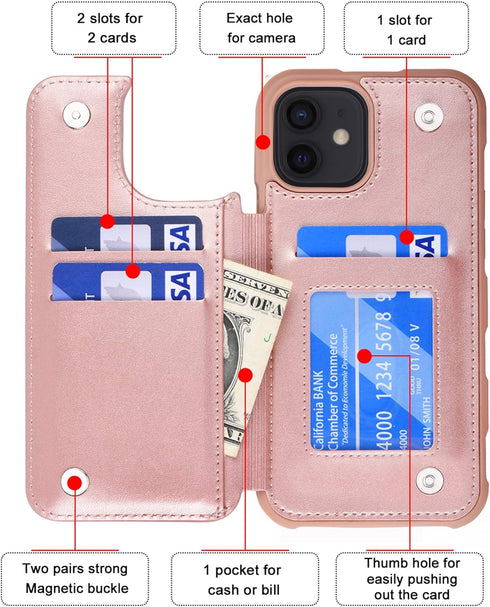 Arae Rose Gold Wallet Case for iPhone 12/12 Pro 6.1 Inch with Card Holder - PU Leather Back Flip Cover