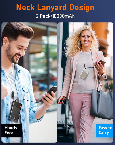 2-Pack Portable Charger, 22.5W PD Fast Charging 10000mAh Power Bank with Built-in Cable for Travel