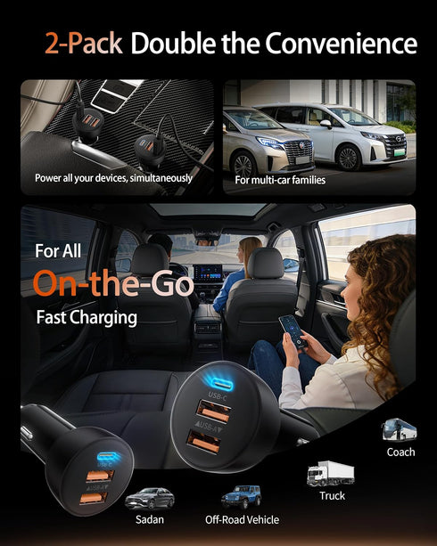 power-7 2 Pack 70W 3-Port 17/Air/16/15/14/13/12 S25/S24/S23, USB C Car Charger, PD/QC Fast Charging Cigarette Lighter