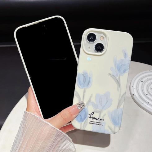 Artistic Blue Tulip Flower Soft Case for iPhone 14 Pro Max (Beige)