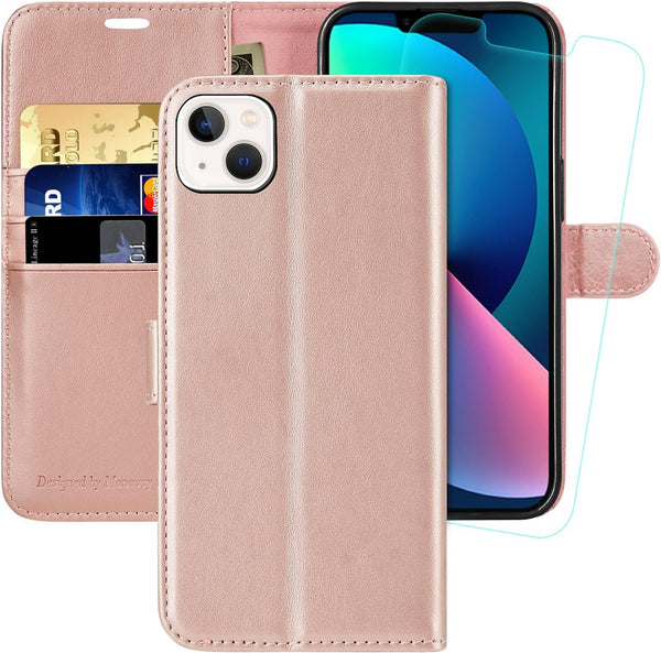 MONASAY 5G Wallet Case for iPhone 14/13, 6.1" Flip Folio Leather, RFID Blocking, Credit Card Holder, Rosegold + Glass