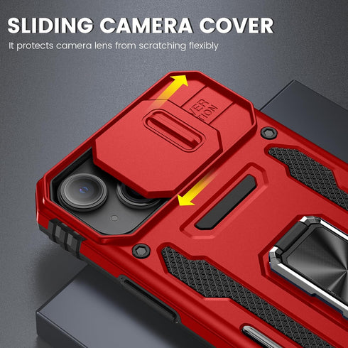 Maxdara iPhone 15 Case with Slide Camera Cover, Screen Protector & 360° Rotate Ring Stand, Red, 6.1 inch.