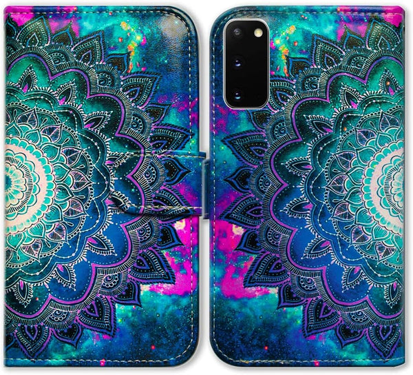 Case for Galaxy S20 5G, Mandala Flower Space Leather Flip Wallet Cover with Card Slot Holder Kickstand for Samsung