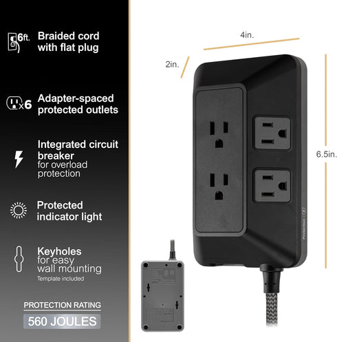 GE 6-Outlet Surge Protector, 6 Ft Braided Extension Cord Power Strip, Flat Plug, Adapter Spaced for Home, School, Office
