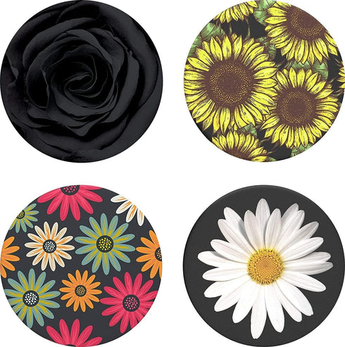 Multi-Function Cell Phone Stand, Sunflower Modern Grey Florals White Daisy Expanding Grip for Smartphones and Tablets