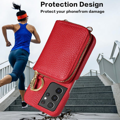 Furiet Wallet Case for Samsung Galaxy S21 Ultra 5G, Shoulder Strap Ring Buckle, Luxury PU Leather Zipper Flip Organ