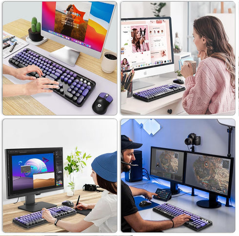 FOPETT 2.4G 104 Wireless Keyboard and Mouse Combo - Full-Sized Cute Colorful Mouse and Keyboard with Round Keys Retro