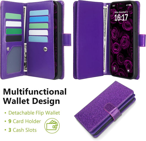 Varikke Detachable Wallet Case for iPhone 13 Pro Max with Card Holder, Fashion Glitter Leather Strap Magnetic Flip