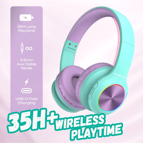PowerLocus PLED Kids Bluetooth Headphones, Wireless with LED Lights, Safe Volume, Micro SD, AUX Cable, Hi-Fi Stereo
