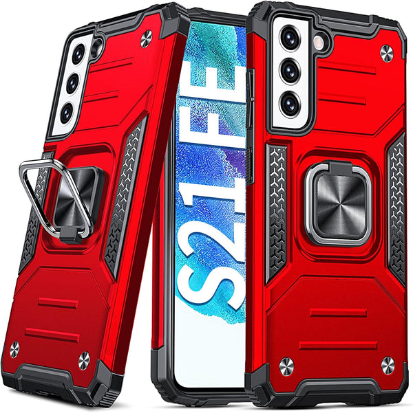 Anqrp Galaxy S21 FE Case - Military Grade Protective Cover with Rotatable Metal Ring Kickstand, Red