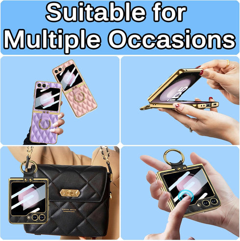 Miimall Samsung Galaxy Z Flip 5 5G Leather Case with Metal Ring Holder, Shockproof Tempered Glass Screen Protective