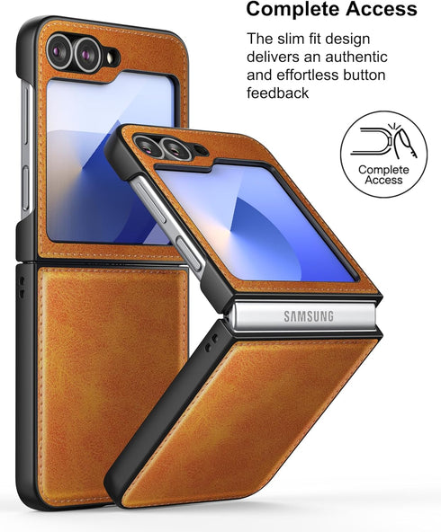 Foluu Samsung Galaxy Z Flip 6 5G Case, Yellow Leather + Hard PC Shell Ultra Thin Slim Durable Protective Cover