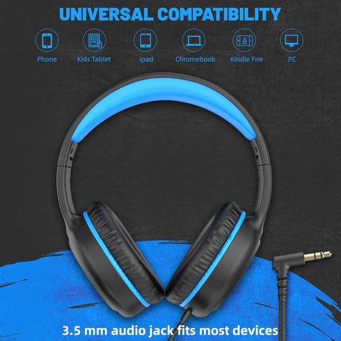 Over Ear Wired Blue Headphones for Boys, Folding Corded Stereo Headphones for Youth, Compatible with Computer PC