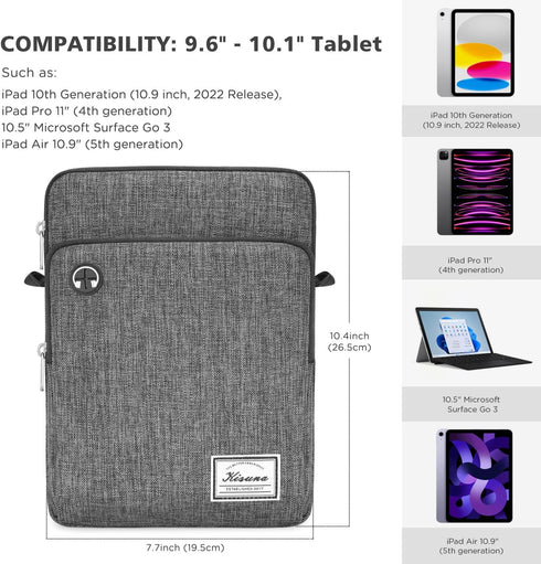 KIZUNA 10 Inch Water Resistant Tablet Sleeve Case, Shoulder Messenger Bag for iPad Pro, Galaxy Tab, Grey