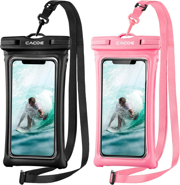 CACOE Floating Universal Waterproof Phone Case 2 Pack (Black+Pink) - IPX8, fits up to 7.0", with adjustable neck