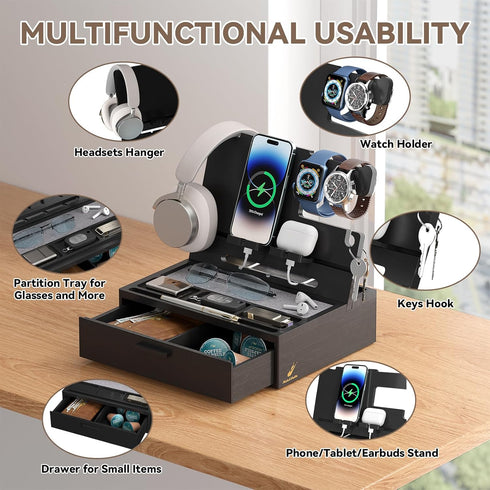 Pezin & Hulin Wooden Charging Station, Bedside Nightstand Tray, with Spacious Drawer, Felt Pads for Phones, Watch, Idea