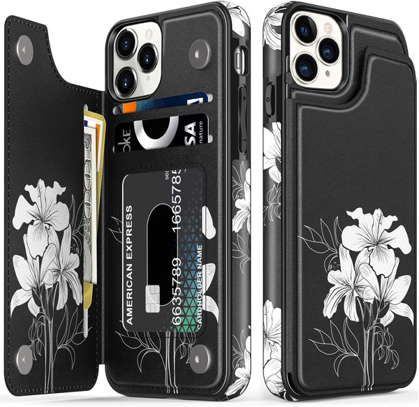 LETO iPhone 11 Pro Max Case, Leather Wallet Flip Folio Cover with Flower Designs for Girls Women, Card Slots