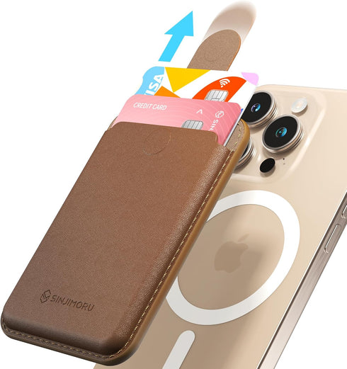 Sinjimoru Pull & Eject Magnetic Wallet for iPhone, Vegan Leather Magnetic Card Holder Compatible with MagSafe - Brown