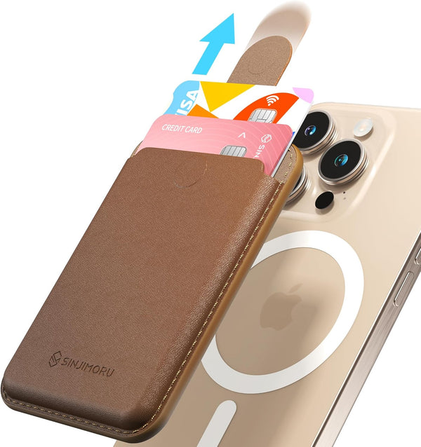 Sinjimoru Pull & Eject Magnetic Wallet for iPhone, Vegan Leather Magnetic Card Holder Compatible with MagSafe - Brown