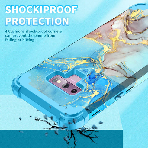 for Galaxy Note 9 Case,Marble Pattern Three Layer Heavy Duty Shockproof Hard Plastic Bumper+Soft Silicone Hybrid Drop Protective Girls Women Cover Case for Galaxy Note 9(6.4"),Blue