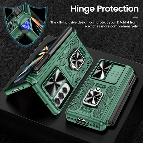 VEGO Protective Armor Case for Galaxy Z Fold 4 with S Pen Holder, Hinge Protection, 360° Ring Kickstand, Green