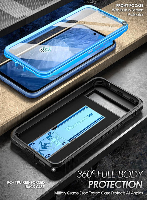 Poetic Revolution Case for Google Pixel 8A 5G, Blue, Full Body Rugged, 20FT Drop Tested, Kickstand, Built-in Screen