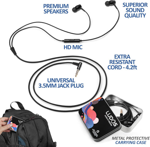 LUDOS OMNITONE Wired Earbuds in-Ear Headphones, Earphones with Microphone, 5 Year Warranty, 3.5mm Jack Corded Earphone Plug in Ear Buds, Videoconference, Calls Compatible for iPhone, Android