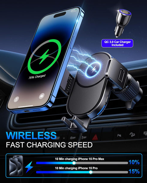 Wireless Car Charger, 15W Fast Charging Auto Clamping Phone Holder, Air Vent Mount for iPhone 15/14/13/12