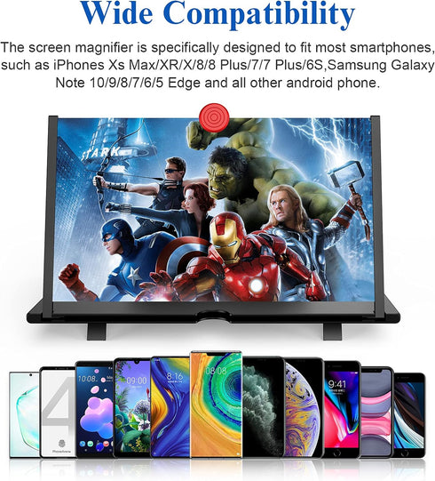 12" Screen Magnifier - 3D HD Mobile Phone Projector Screen for Movies, Videos, Gaming (Black, 12inch)