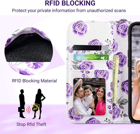 ULAK iPhone 13 Wallet Case for Women, Premium PU Leather Flip Cover with Card Holder, Kickstand - Purple Glitter