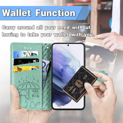 CCSmall Cartoon Cute Wallet Case for Samsung Galaxy S22, Cat Dog Style Flip Cover with ID Card Holder, PU Leather MG