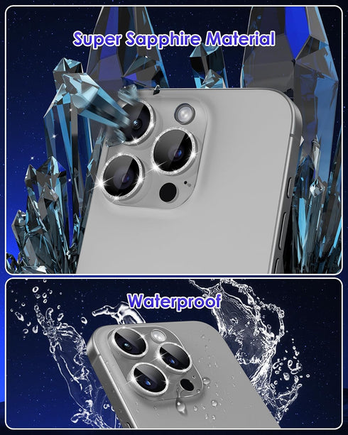 iPhone 15 Pro/iPhone 15 Pro Max Glitter Camera Lens Protector - Clear Acrylic with Aluminium Alloy Ring, 9H Tempered