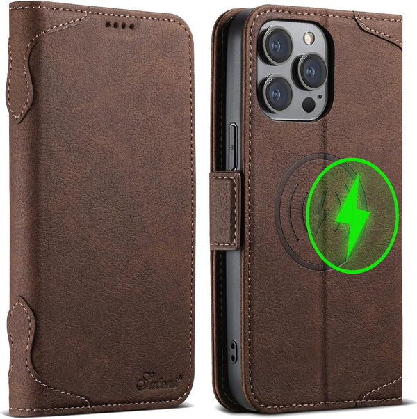 SINIANL Wallet Case for iPhone 15 Pro Max, Magnetic Leather Flip Folio Cover with Card Holder for Men Women, Brown