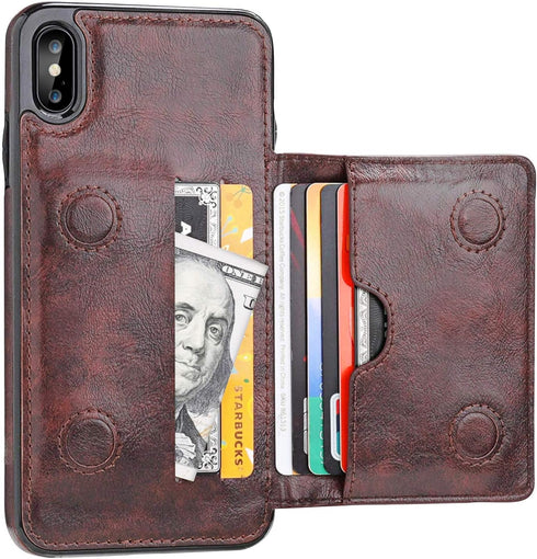 KIHUWEY Wallet Case for iPhone Xs Max - Leather Kickstand with Credit Card Holder, Shockproof Protective Cover (Brown)