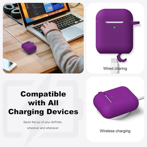 R-fun Compatible with AirPods Case Cover, Soft Silicone Protective Cover with Keychain for Apple AirPods, Plum