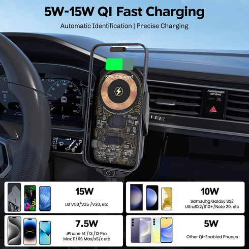Wireless Car Charger with Phone Holder Mount, 15W-5W Qi Fast Charging Auto Clamping Car Charger Phone Holder Mount for