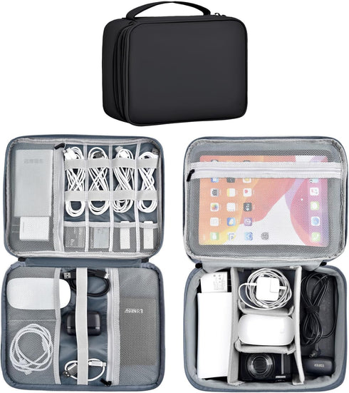 Large Capacity Electronics Accessories Organizer Travel Case, Waterproof Leather Cord Organizer with Adjustable