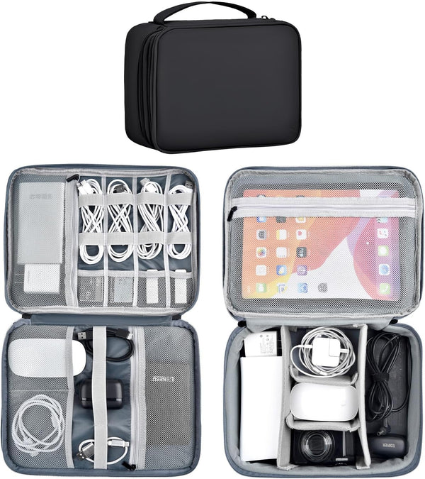 Large Capacity Electronics Accessories Organizer Travel Case, Waterproof Leather Cord Organizer with Adjustable