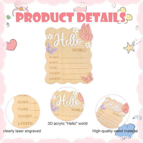 TERJIO Butterfly Daisy Hello World Board - Little Butterfly Birth Announcement Sign,Wooden Hello World Card