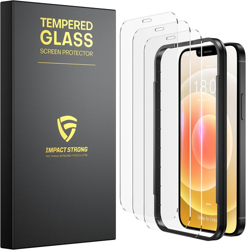 ImpactStrong Shatterproof Tempered Glass Screen Protector for iPhone 12 Mini, 3-Pack, Easy Installation Frame