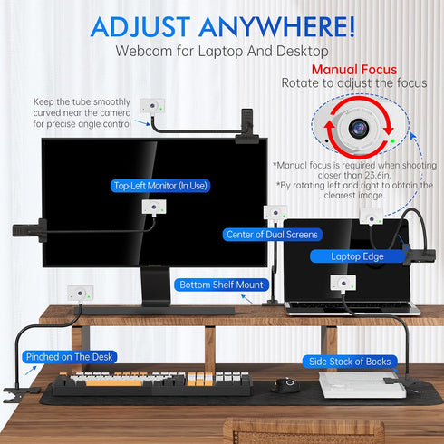 Danyesth HD1080P 30fps Webcam for PC, Laptop Camera USB with Adjustable Gooseneck with Zoom, Full-Body View