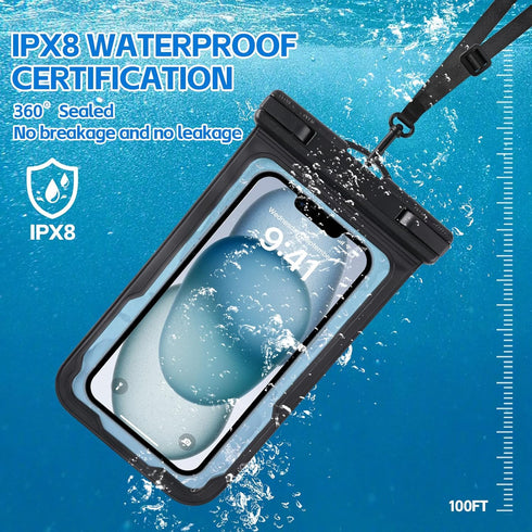 2 Pack Waterproof Phone Pouch, IPX8 Underwater Case for iPhone 15 14 13 Pro Max Samsung, Blue + Blue