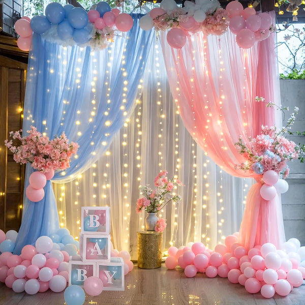 Suppromo Pink Blue Sheer Tulle Backdrop Curtains with Lights String for Gender Reveal