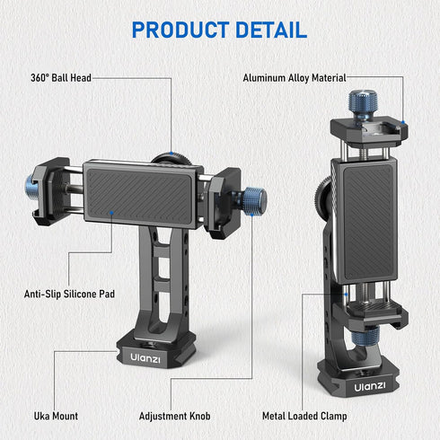 Ulanzi MA53 Metal Phone Tripod Mount Adapter with Arca Swiss/Uka Interface, 2 Cold Shoe, 360° Swivel for Photo Video
