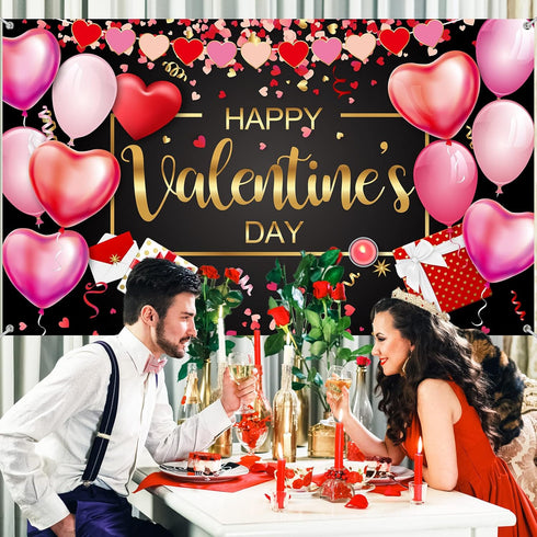Sumind Happy Valentine‘s Day Banner 73''x43'' Heart Photography Backdrop for Valentines Day Party Decorations