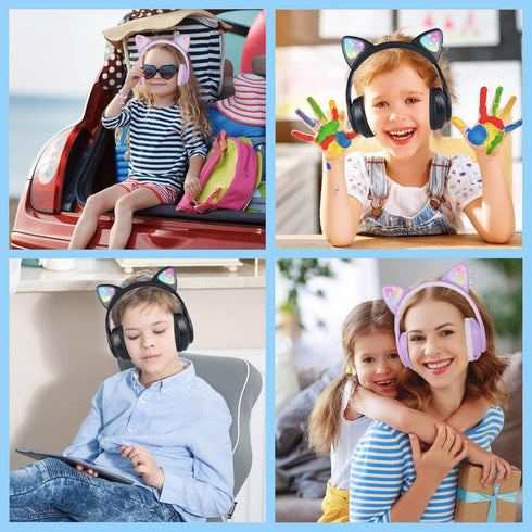 Wireless Kids Headphones with Microphone, Cat Ear LED Light Up Bluetooth Headphones for School, Travel, Sports, Gaming