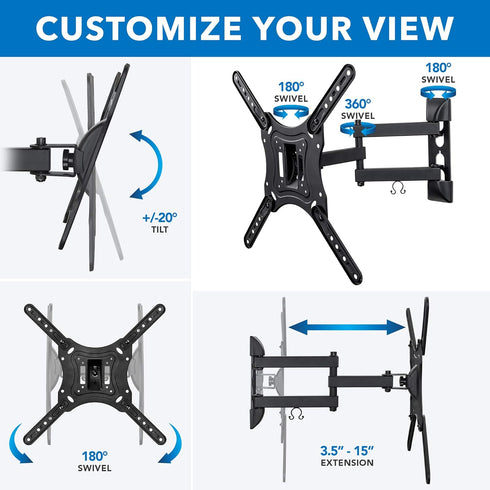 Mount-It! 2355 Inch 15.6 75x75 400x400 66 lb Full Motion Articulating TV Wall Mount for LED LCD OLED Flat Screen TVs |